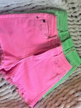 KanCan Neon Pink & Lime Green Frayed Hem high wasted Denim Shorts Duo